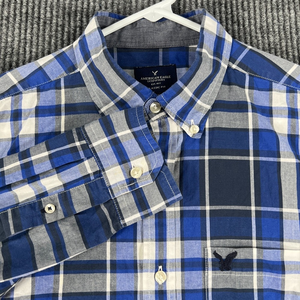 American Eagle Mens Shirt Medium Blue Plaid Long Sleeve Classic Fit Button Up